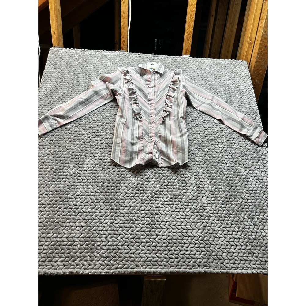 Miss Rodeo America Womens 7/8 Western Show Shirt Pink Gray Ruffle Pearl Snap